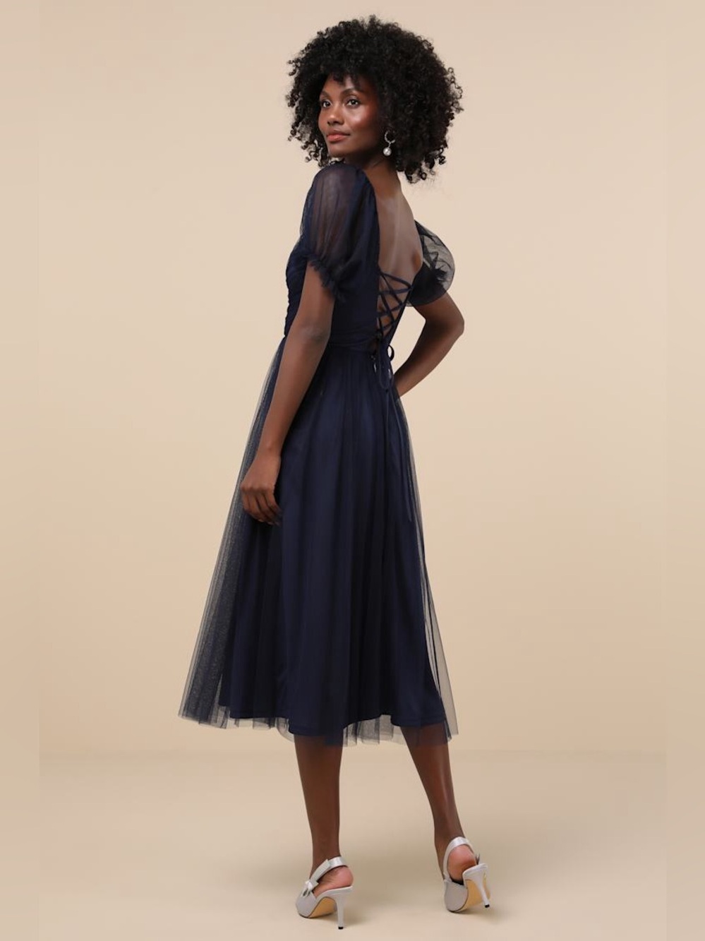Lulus Glorious Chicness Navy Tulle Pleated Puff Sleeve Midi Dress - Picture 2 of 8